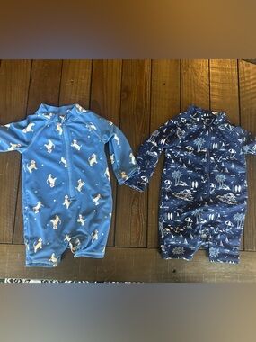 Janie and Jack Blue Two-Piece Zip Swim Sacks with Dog & Nautical Prints